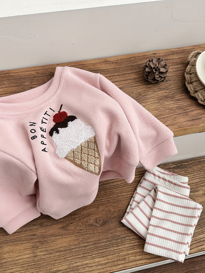 Two-Piece Spring/Autumn Baby Outfit - Cute Ice Cream Patchwork Round Neck Pink Sweatshirt + Pink And White Striped Casual Pants Sweetheart Youngsters Set, Long Sleeve And Trousers, No Additions Included, for Outdoor