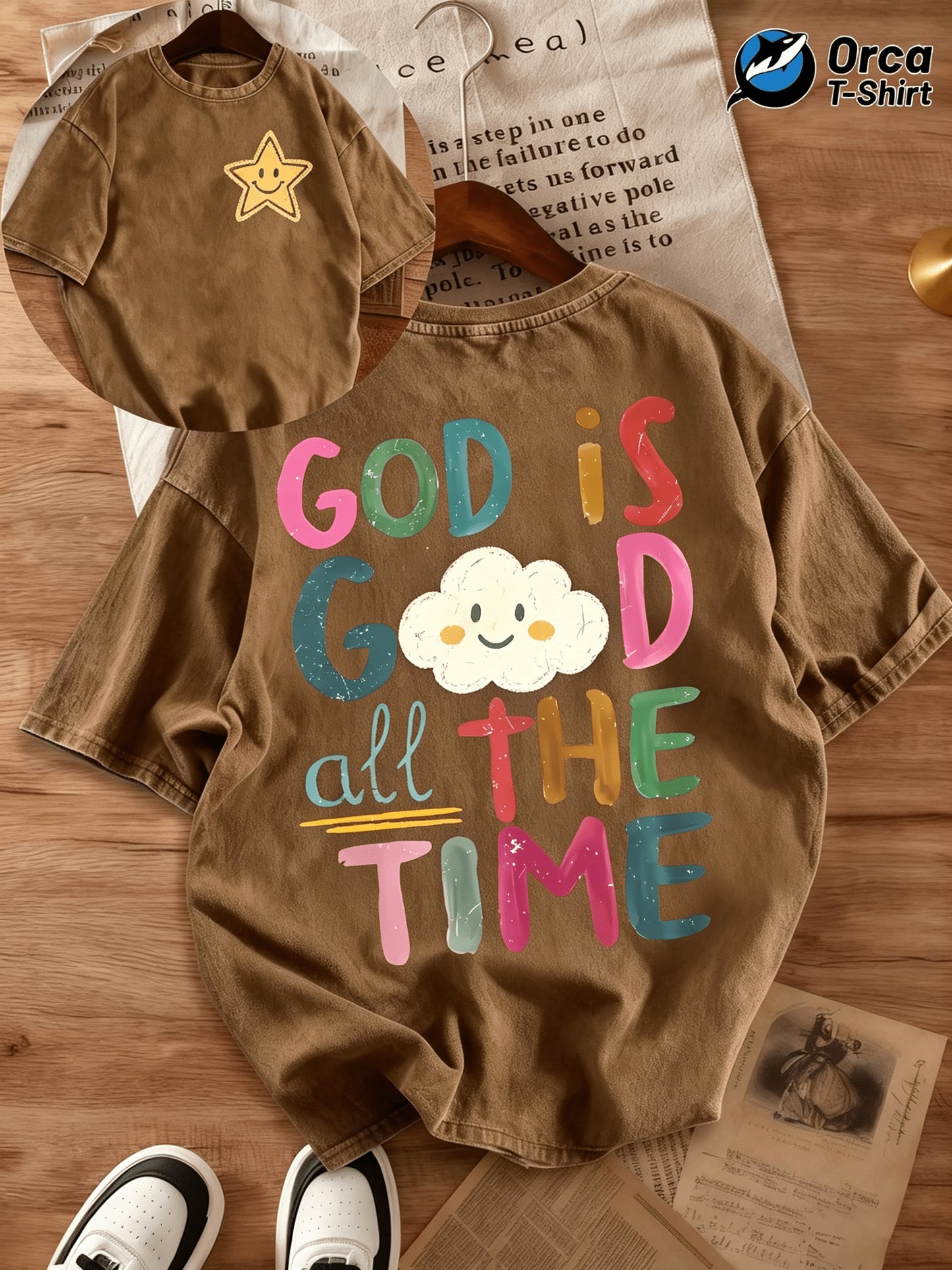 Color Letter Printed Joyful Face Pattern GOD IS GOOD ALL THE TIME Short-sleeved T-shirt Men's and Women's Loose Casual Trendy Tops, Old Washed Cotton Double-sided Casual Tops, Suitable for Holidays, Going Out, Home, Outdoor, Gift Giving and Other