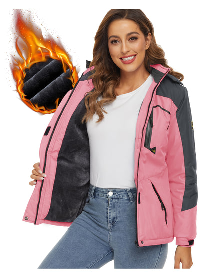 Women'S Warm Ski Jackets Winter Windproof Thermal Fleece Lined Coats Outdoor Detachable Hooded Heavy Weight Thick Jacket Camping Climbing Traveling Snowboard Windbreaker