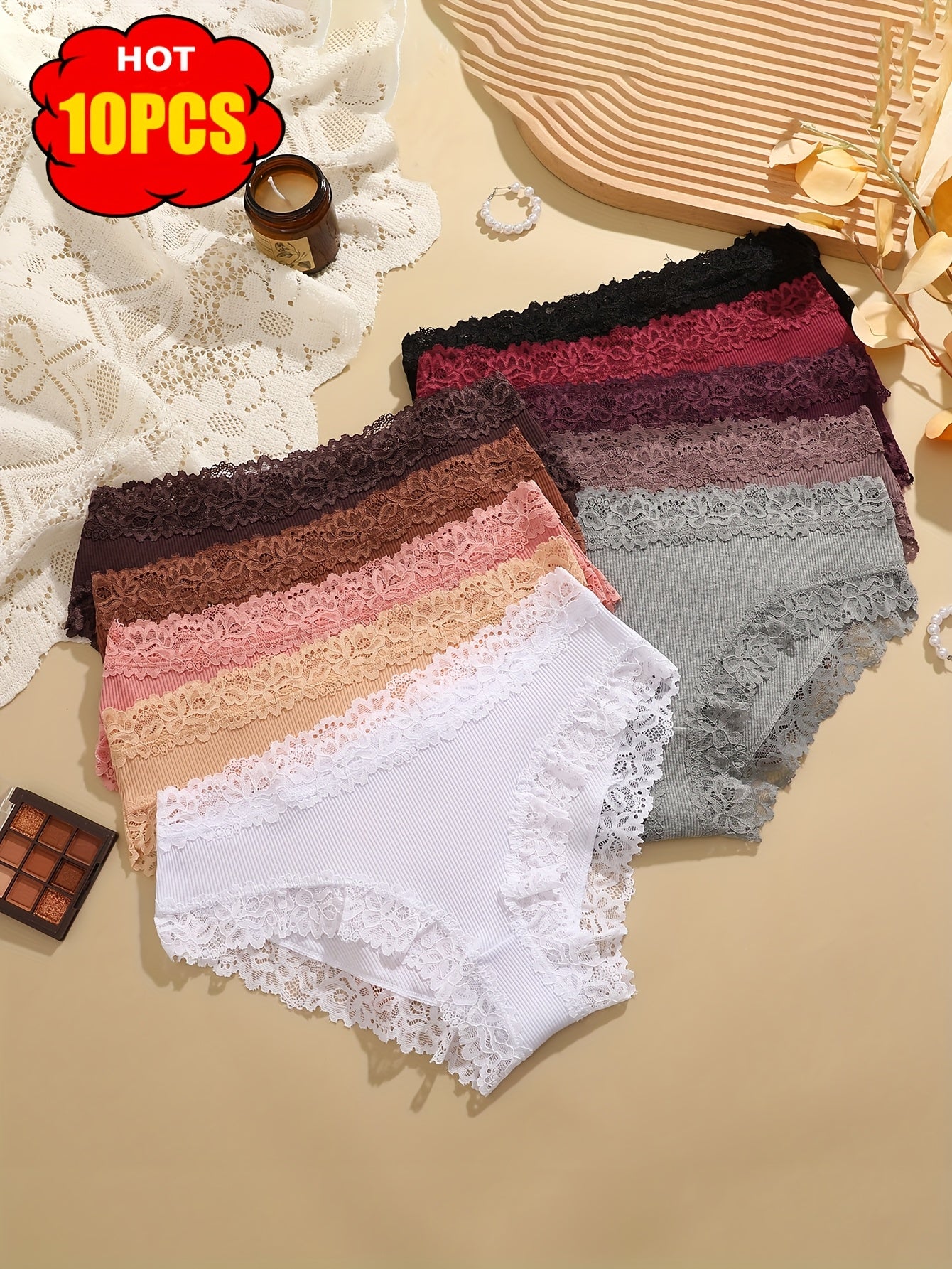 10pcs Set of Solid Color Lace Triangle Pants, Elegant and Fashionable, Skin Friendly, Breathable and Elastic Underwear, Suitable for Daily Commuting, Women's Underwear and Underwear