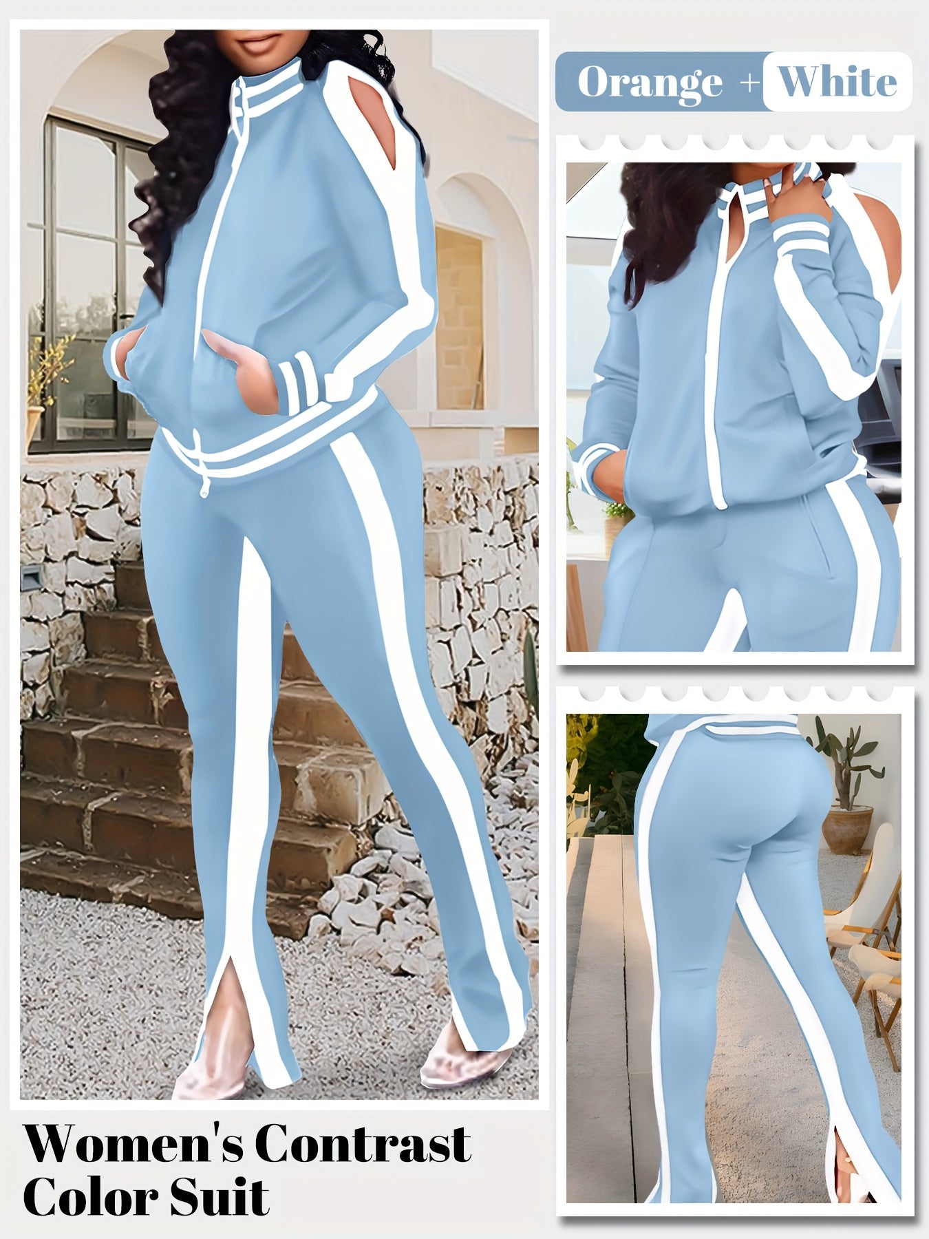 Women's 2pcs Athletic Tracksuit Set, Striped Contrast Shoulder Slit Top & Zipper Hem Sporty Pants, Activewear Lounge Set