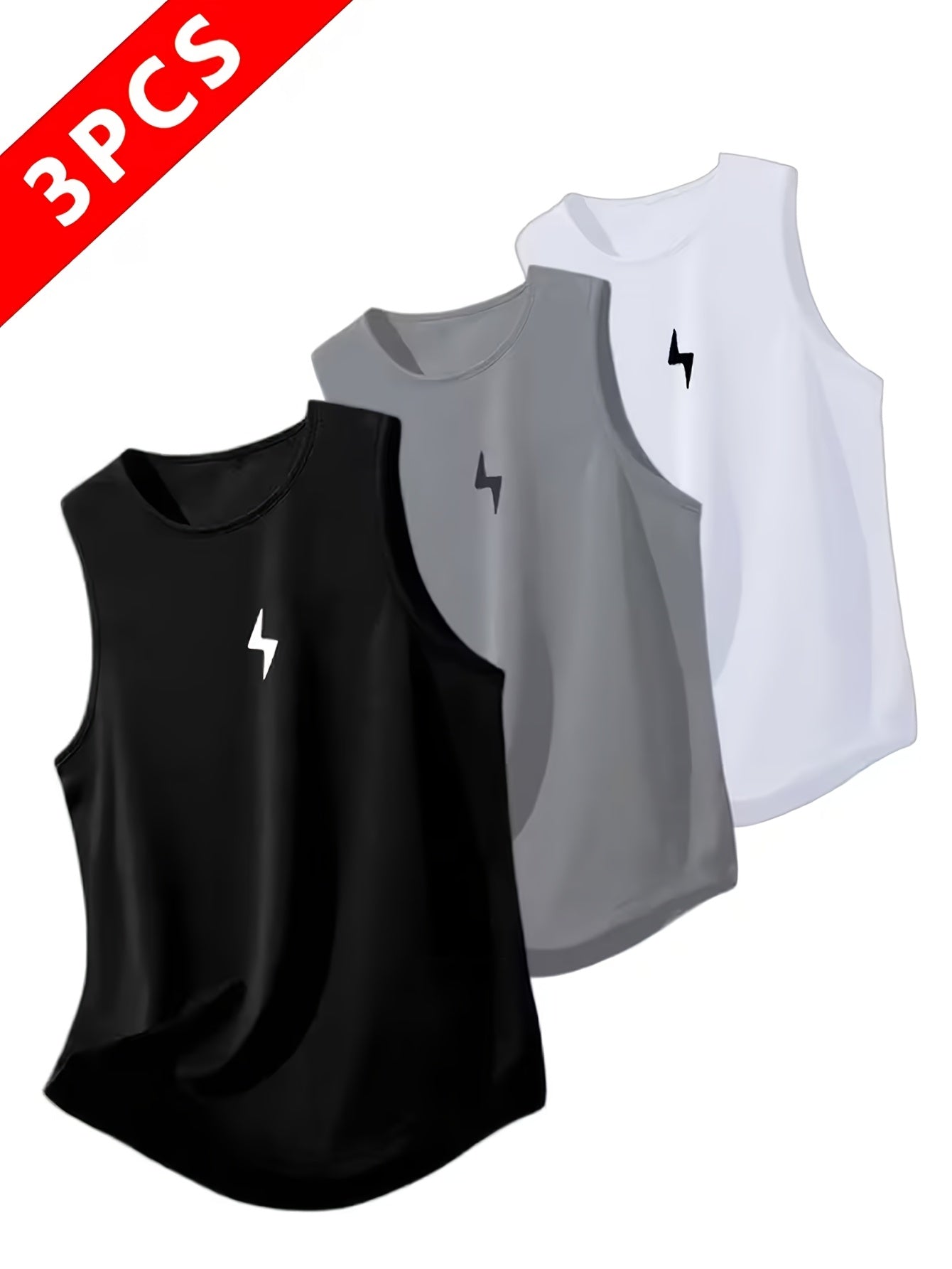 [Quick-Dry Athletic Tees] 3pcs Men's Quick-Dry Moisture-Wicking Athletic Sleeveless Tees | Breathable Gym Shirts with Lightning Bolt Logo-Like Print (Black/White/Grey) - All-Season Training Vests for Running, Swimming, Gym Workouts.