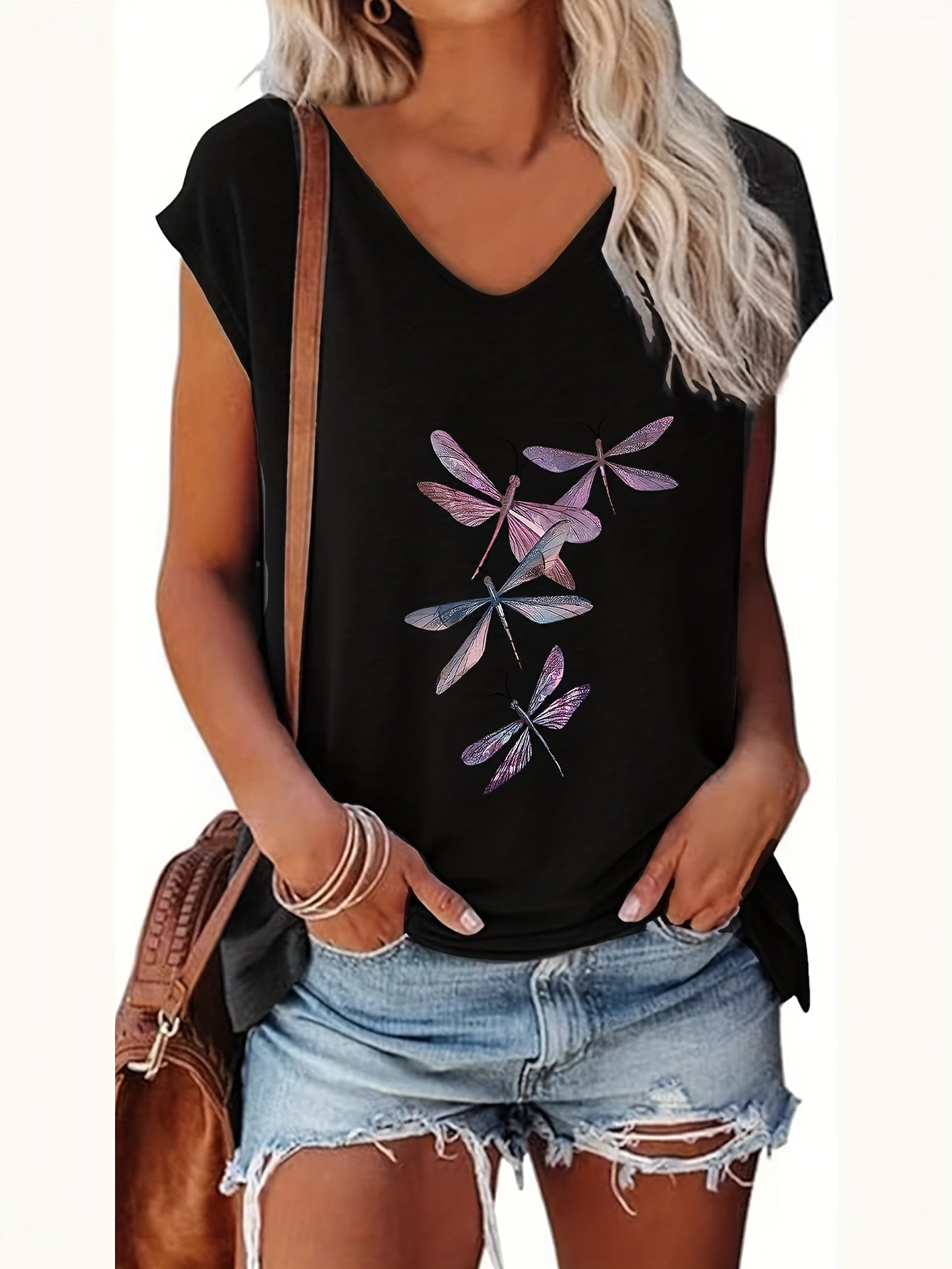 Sleeveless V-Neck Vest for Women Featuring a Dragonfly Print, Perfect for Spring And Summer Outdoor Fashion with a Natural Style And Made from Translucent Material