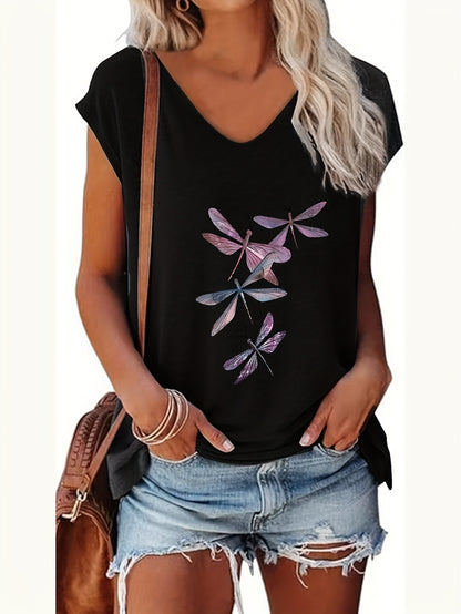 Sleeveless V-Neck Vest for Women Featuring a Dragonfly Print, Perfect for Spring And Summer Outdoor Fashion with a Natural Style And Made from Translucent Material