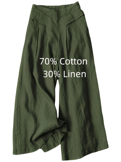 Women' Boho Linen Palazzo Wide Leg Pants - Elastic Capri Trousers with, 7/8 Length Culottes Suitable for Spring Summer Fall, Casual Solid Color Elastic Pants for Outfits & Casual Attire