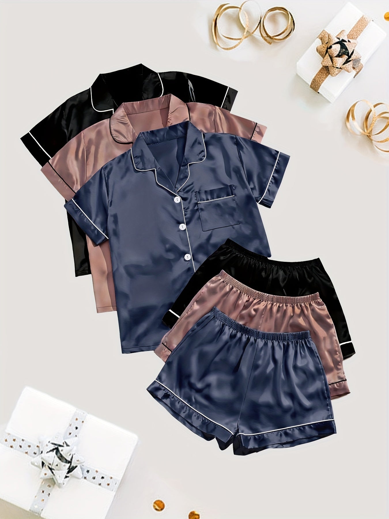 Black + Champagne + Pink Satin Short-Sleeve Shorts - product view 28