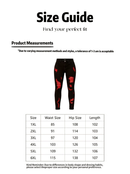 Plus Size Ripped Jeans - Y2K Style - Red Ripped Jeans - Trendy And High-Stretch - Suitable for Everyday Commute, Vacation, And Casual Wear All Seasons - High-Waisted Skinny - A Must-Have for Christmas Parties And Family Gatherings, Summer Breathable