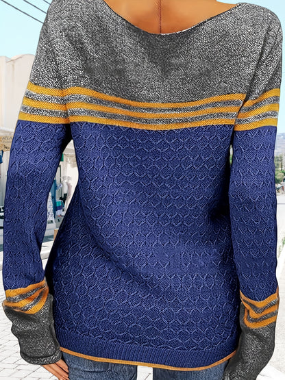 Color Block Sweater with Crew Neck, Casual Long Sleeve Pullover for Autumn And Winter, Women'S Apparel