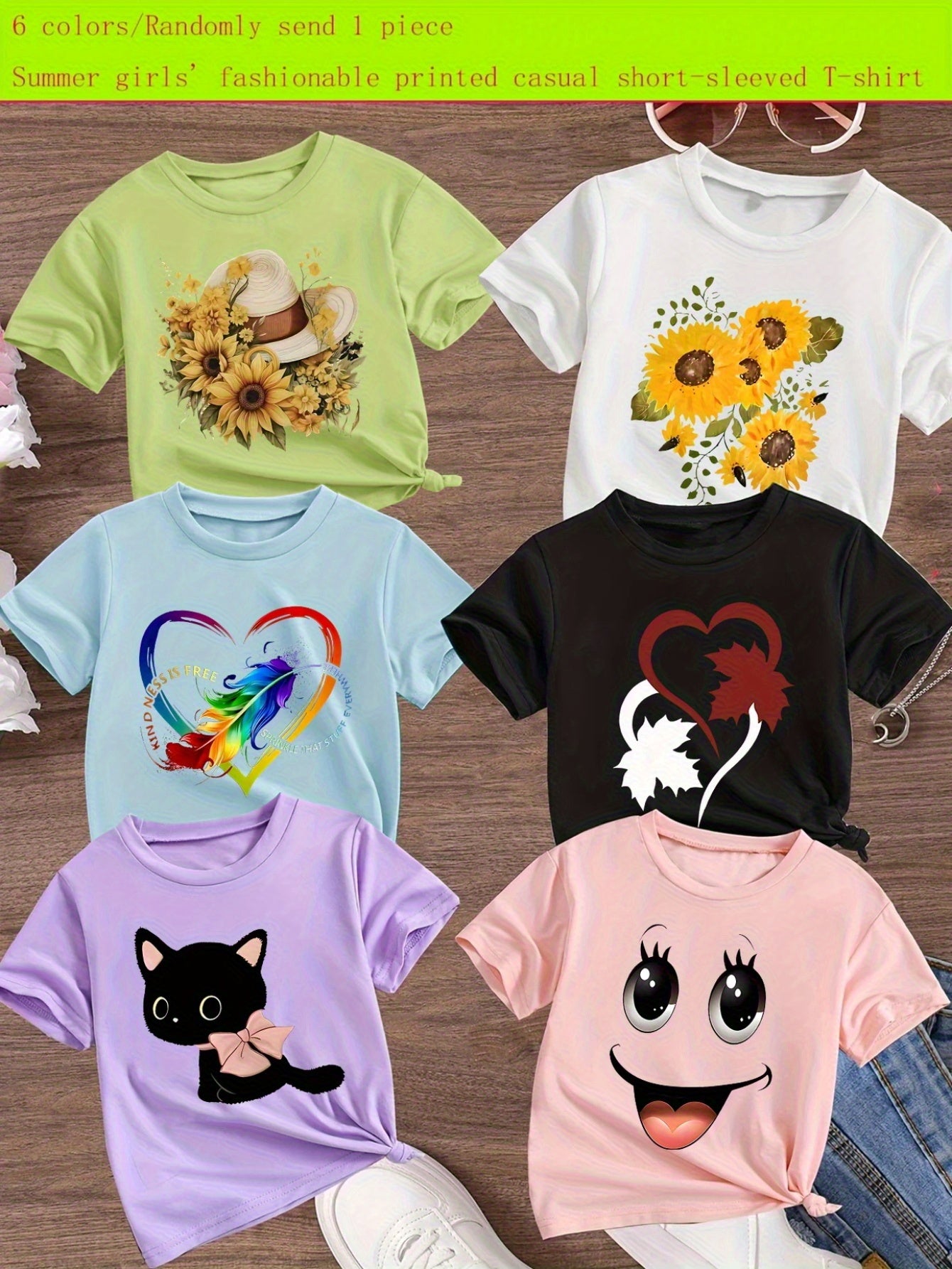 6 Colors Will Be Shipped Randomly 1pc T-Shirt New Summer Girl Cartoon Print Short Sleeved 100% Cotton 1pc T-shirt Comfy Casual Tees for Girls