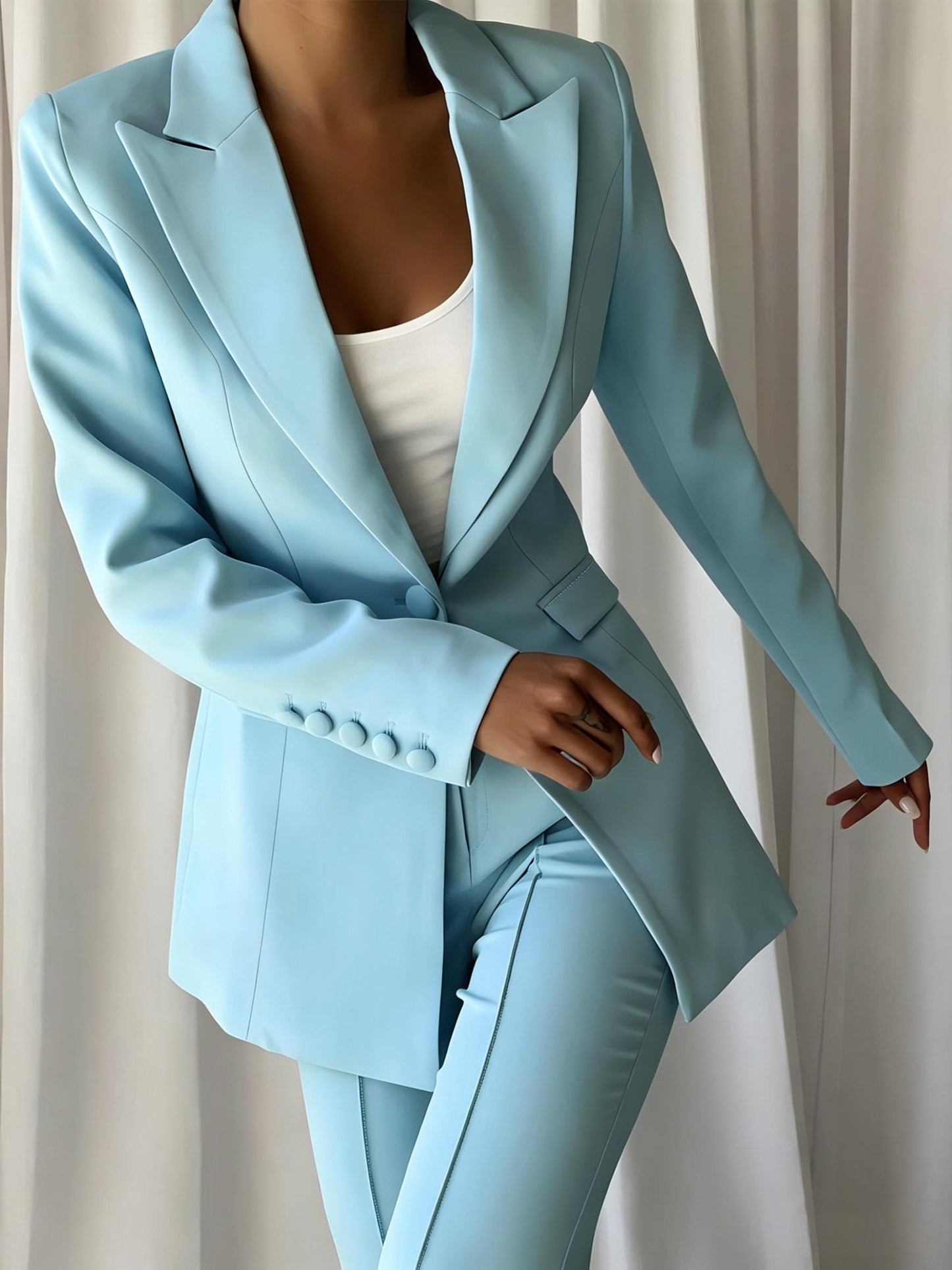 Women'S 2pcs Light Blue Suit Set, Tailored Lapel Blazer & Wide Leg Pants, Formal Business Outfit For Work Party Wedding