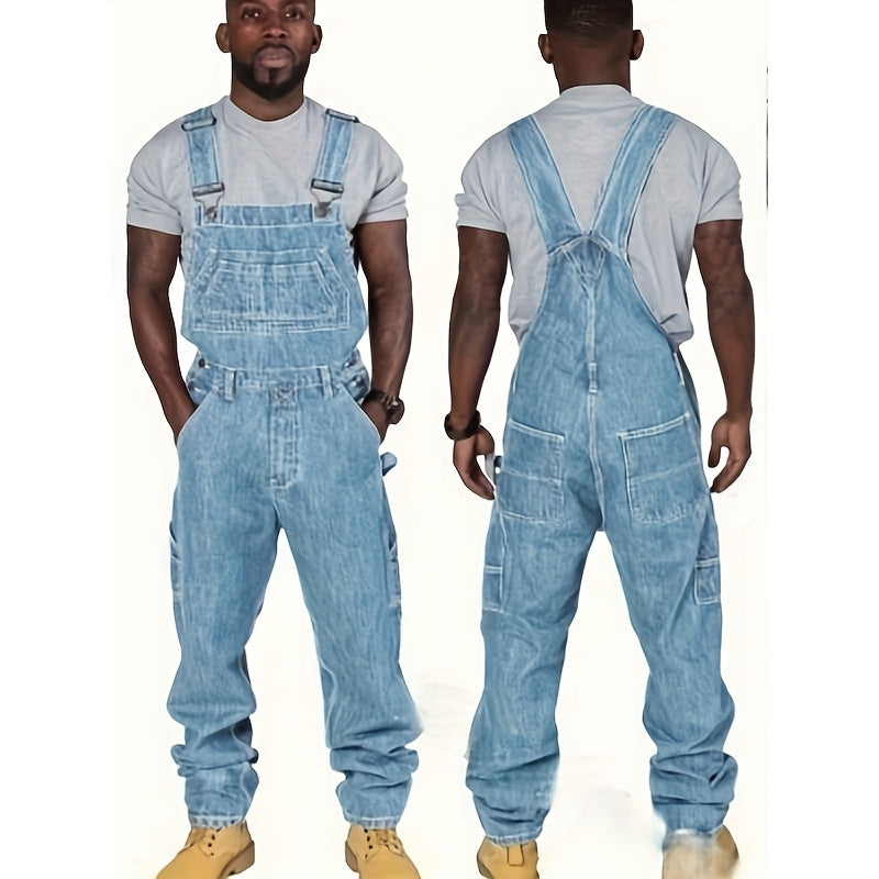 A Blue Men'S Jumpsuit, Casual Fashion Multi-Pocket, Loose Comfortable Solid Color Trend Jeans, Suitable for Spring And Autumn Season