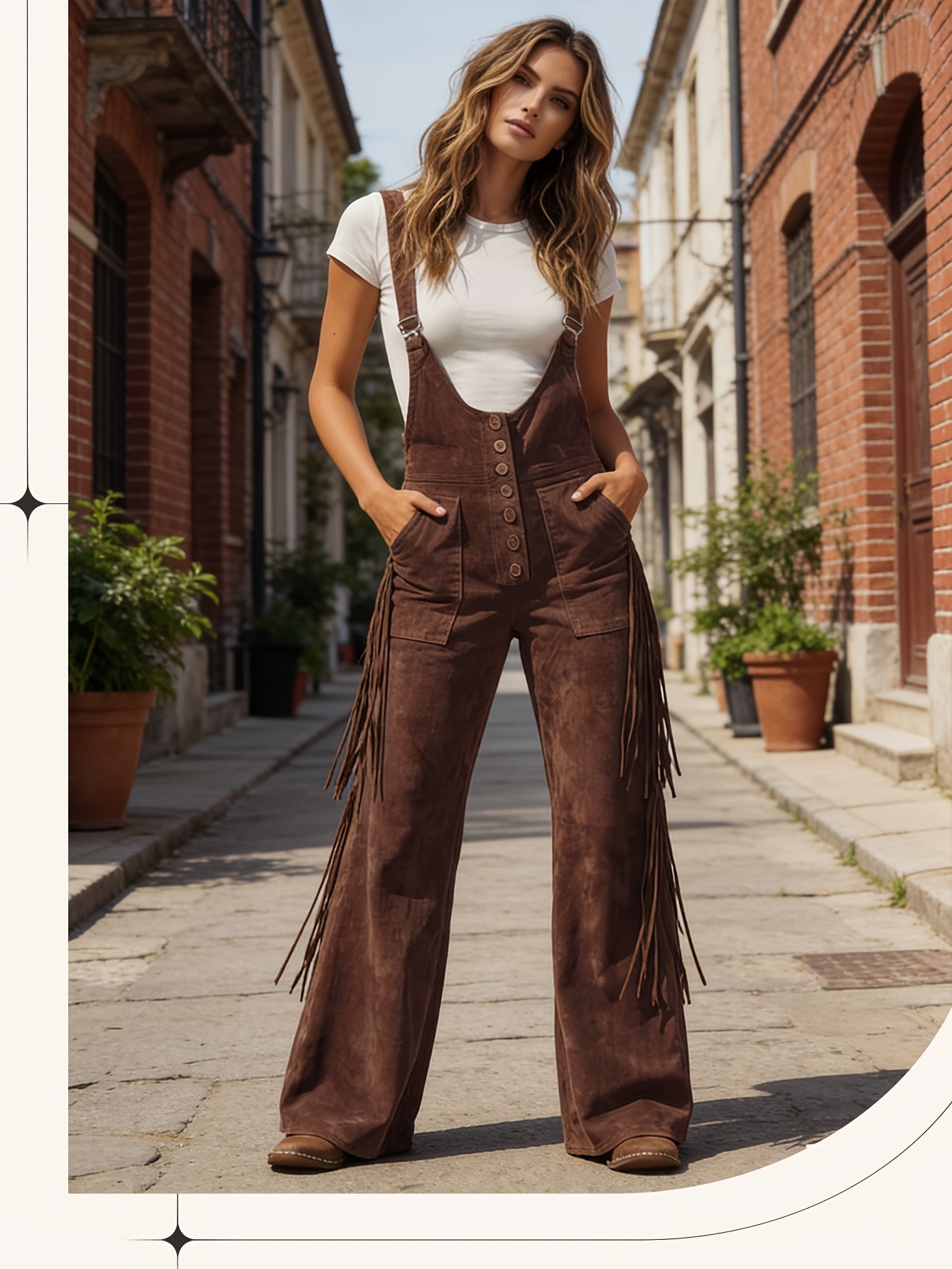 Vintage Fringe Detail Overalls, Loose Wide Leg Design, Fashion Youthful Casual Style, Daily Outing Travel Outfit, Versatile Multi-Occasion Wear