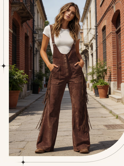 Vintage Fringe Detail Overalls, Loose Wide Leg Design, Fashion Youthful Casual Style, Daily Outing Travel Outfit, Versatile Multi-Occasion Wear