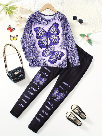 Girls' 2pcs Set Long Sleeve Top and Jeggings with Butterfly & Leopard Print, Crew Neck Pullover, Regular Fit Knit Polyester 95% with 5% Elastane, Long Length, for Spring/Fall Casual Wear, for Outdoor, Perfect for Outdoor