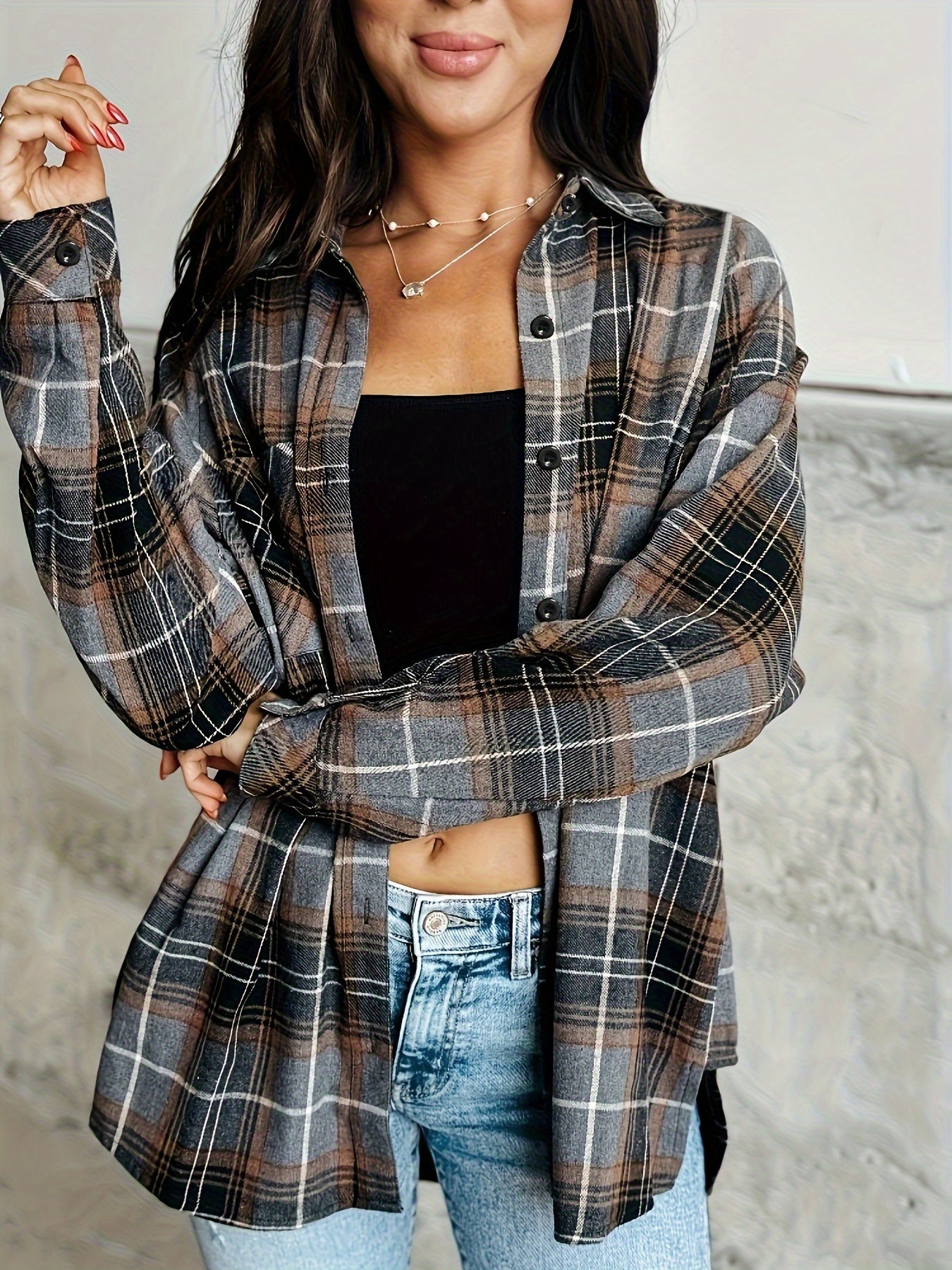 Plus Size, Plus Size- Women's Casual Flannel Plaid Shirt Button Long Sleeve Gray Shirt Jacket with Pockets