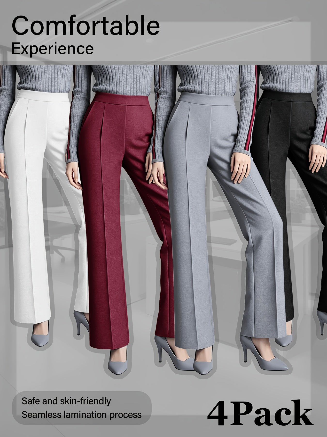 4 Pack, Dress Pants for Women Women'S High Waisted Wide Leg Business Casual Trousers with Pockets, Stretchy Comfortable Work Pants for Office, Commute, Daily Wear, Skin-Friendly Seamless Ladies Straight Leg Pa 4-Way Stretch Women'S Suit Pants