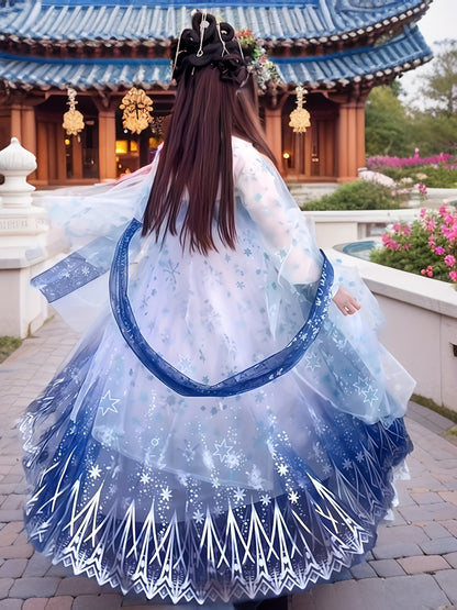 Targeted Women'S Hanfu, Embroidered Strapless Top, White Jacket with Star Pattern, Blue Skirt with Star Design, Elegant and Comfortable Hanfu