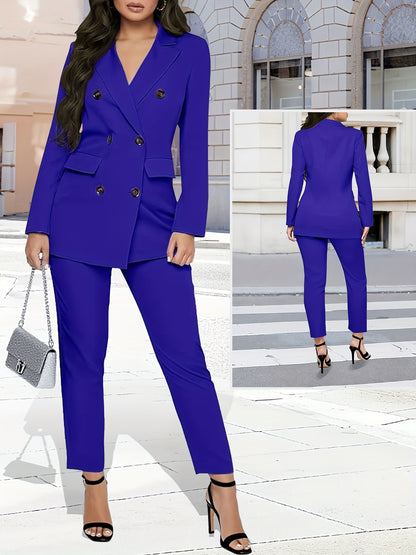 Formal Two-Piece Pantsuit Set for Women Featuring a Double-Breasted Blazer And Long Sleeves, Ideal for Office Work