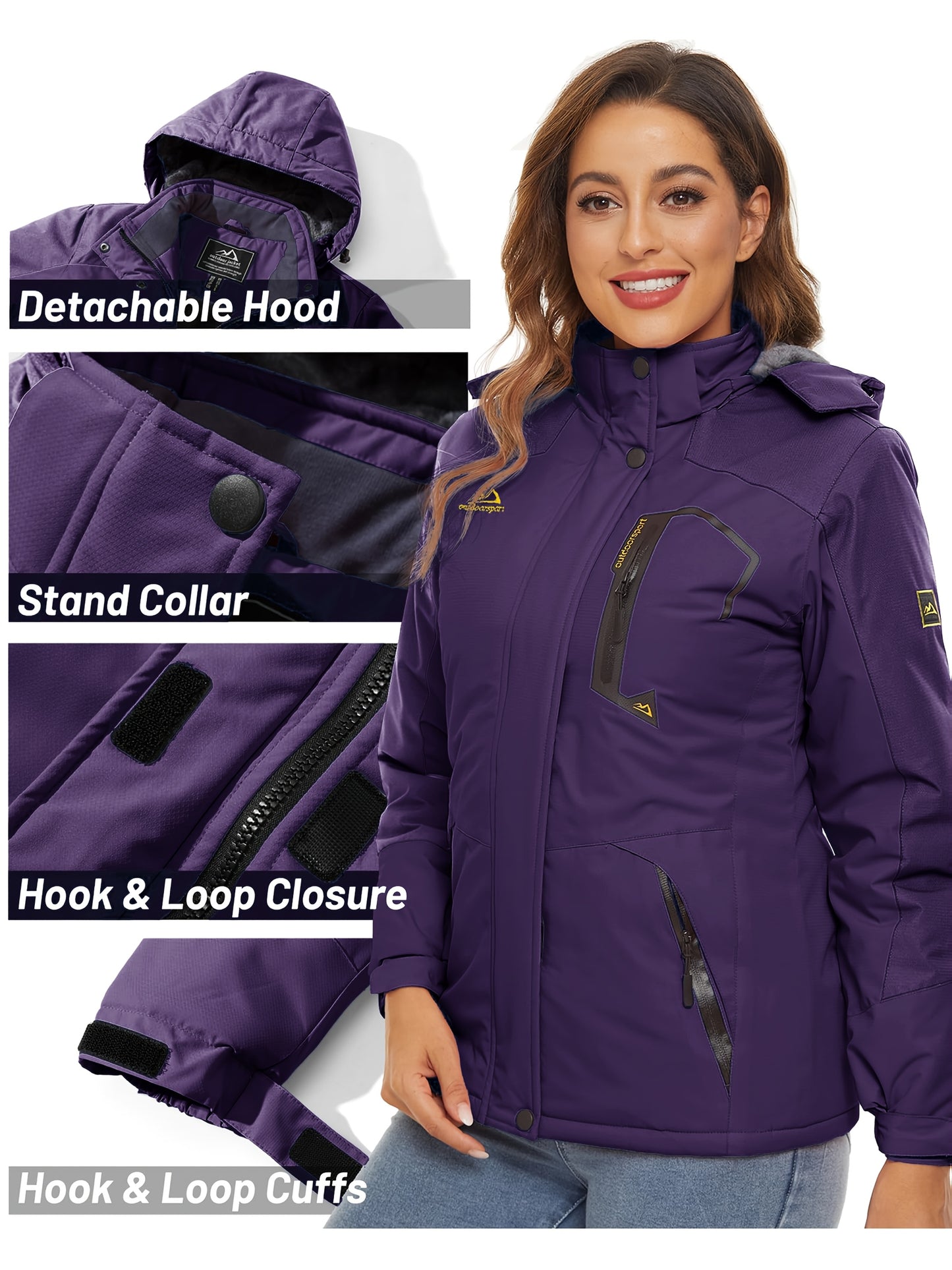Women'S Warm Ski Jackets Winter Windproof Thermal Fleece Lined Coats Outdoor Detachable Hooded Heavy Weight Thick Jacket Camping Climbing Traveling Snowboard Windbreaker