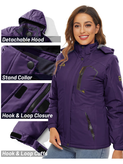 Women'S Warm Ski Jackets Winter Windproof Thermal Fleece Lined Coats Outdoor Detachable Hooded Heavy Weight Thick Jacket Camping Climbing Traveling Snowboard Windbreaker