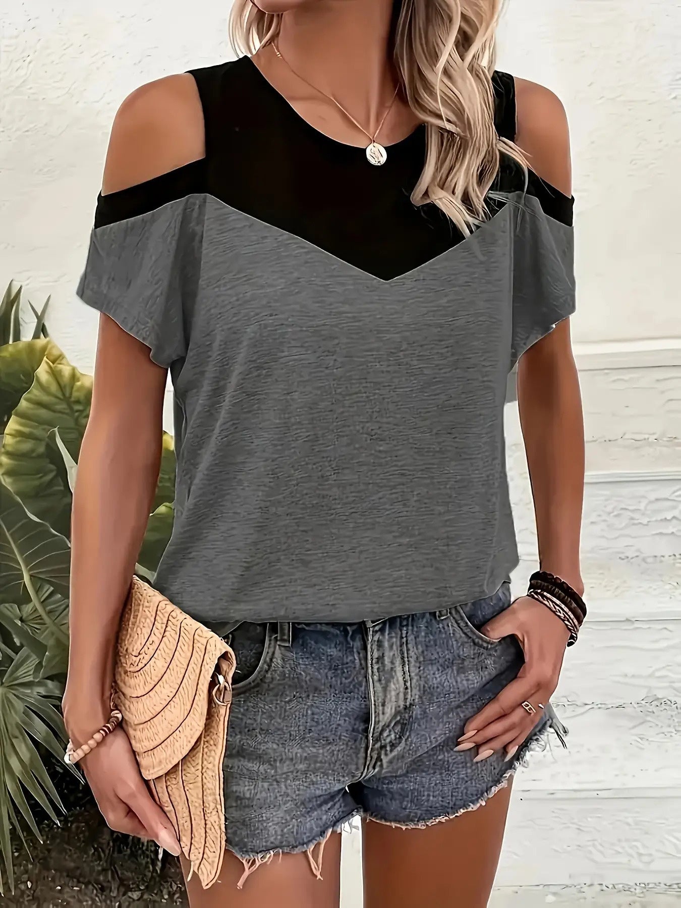 Spring and Summer Women's Clothing, Colorful Cold Shoulder T-Shirt, Casual Short Sleeve T-Shirt