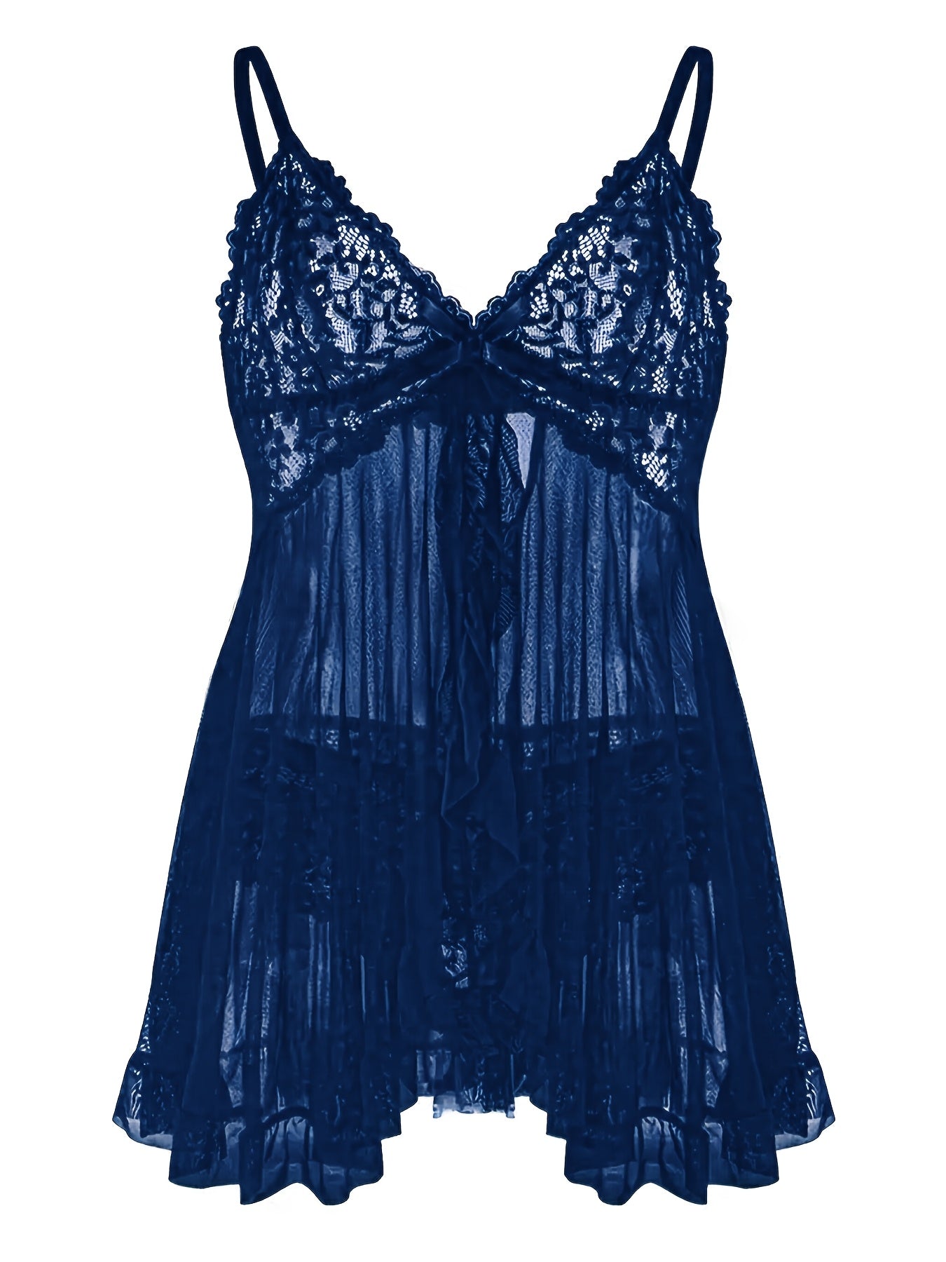 Big Size Sultry Valentine Lace Sleepwear Dress Set - Exquisite Lace, Flattering V-Neckline, Daring Backless Design, Delicate Ruffle Trim, Trendy Split Hem, Seductive Thong Detail, Ultra-Comfortable Fabric, Perfect For Romantic Night, Anniversary Gift