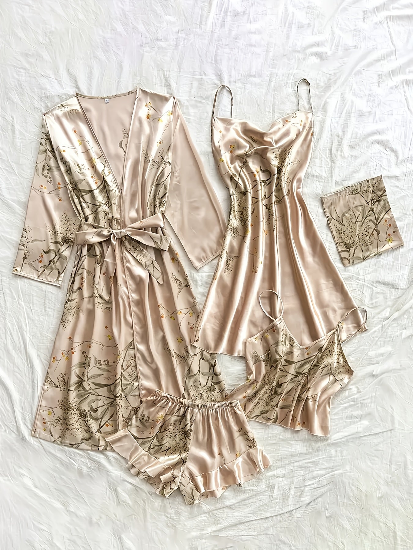Women'S Printed Pajamas Set - Set (Including Robe, Short Suspender, Shorts And Skirt), Cherry Printed Pajamas, Loose, Soft And Comfortable