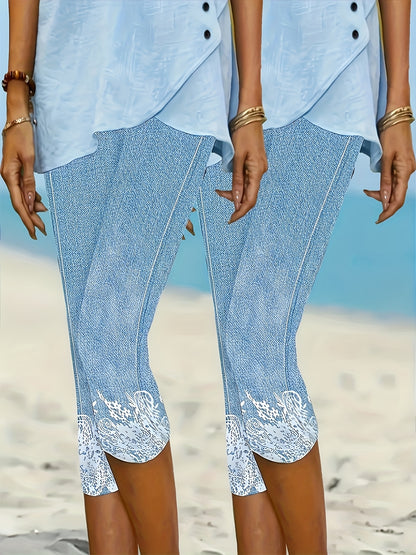 2pcs Women's Elegant Floral Print Skinny-Fit Capri Leggings - Polyester Machine-Washable All-Season Pants for Casual & Formal Wear, Versatile Bottoms, Trendy Bottoms, Comfortable Fit, Fitted Bottoms, Stylish Ladies