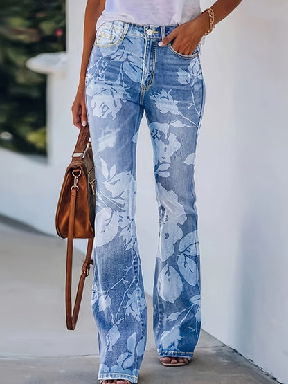 High-Waisted Elastic Printed Wide-Leg Retro Flared Pants for Women, Versatile And Stylish Jeans for Everyday Wear