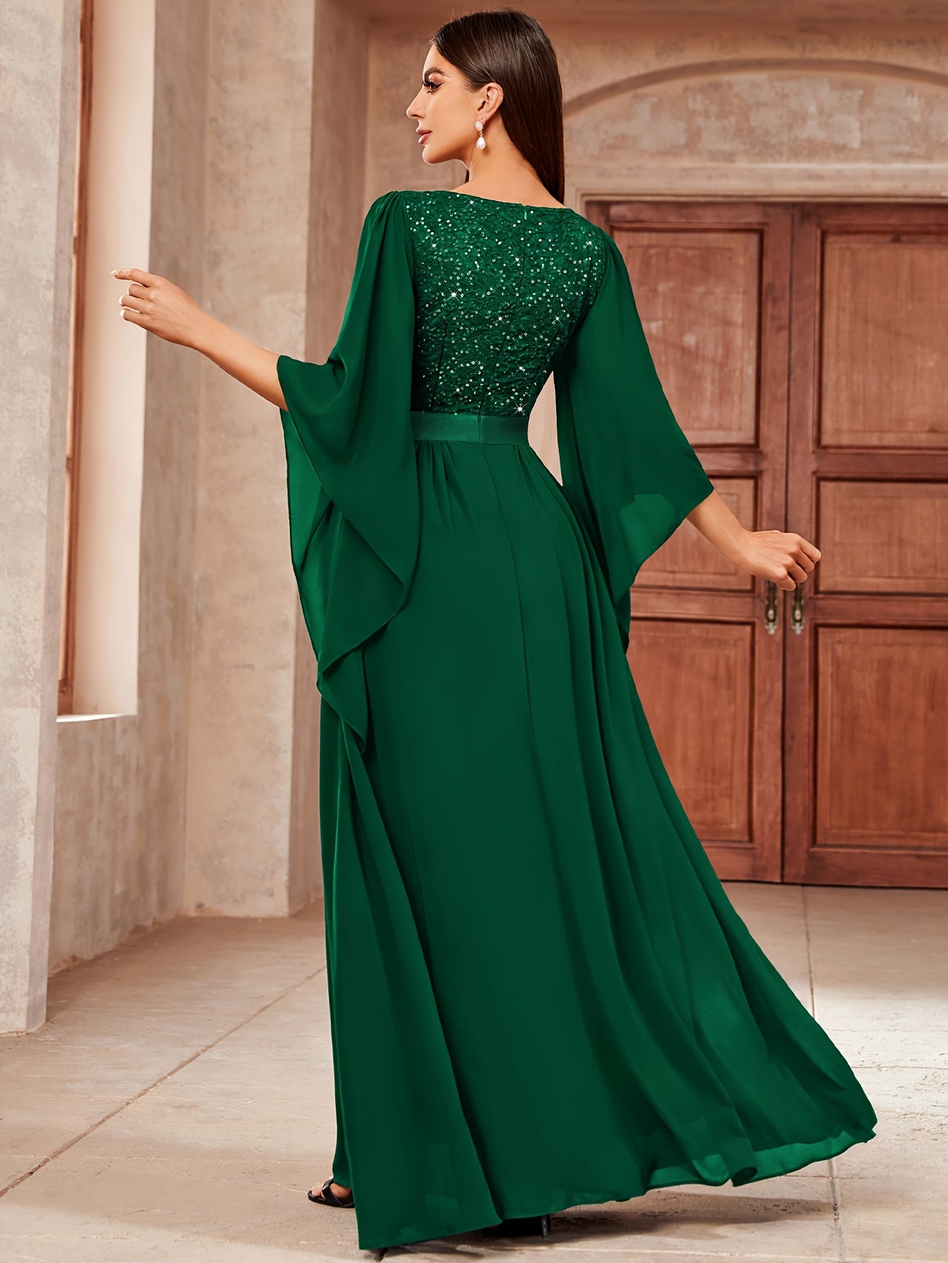 53303 Elegant Women's Lace & Sequin Bridesmaid Dress - A-Line Maxi Wedding Gown with 3/4 Bell Sleeves, V-Neck Color-Block (Bodice &), Machine Washable Bridesmaids Gown for Weddings, Parties, Prom