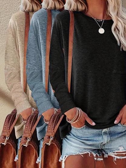 3pcs Women'S Spring And Autumn T Shirt Long Sleeve Chest Pocket Casual Comfort Top