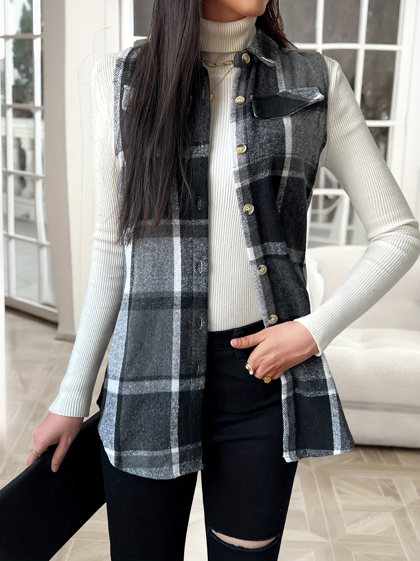 Fashionable Women'S Lapel Vest Jacket in Plaid for Spring, Autumn, And Winter