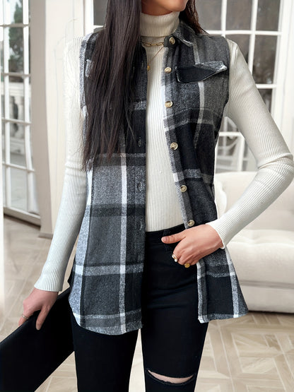 Fashionable Women'S Lapel Vest Jacket in Plaid for Spring, Autumn, And Winter