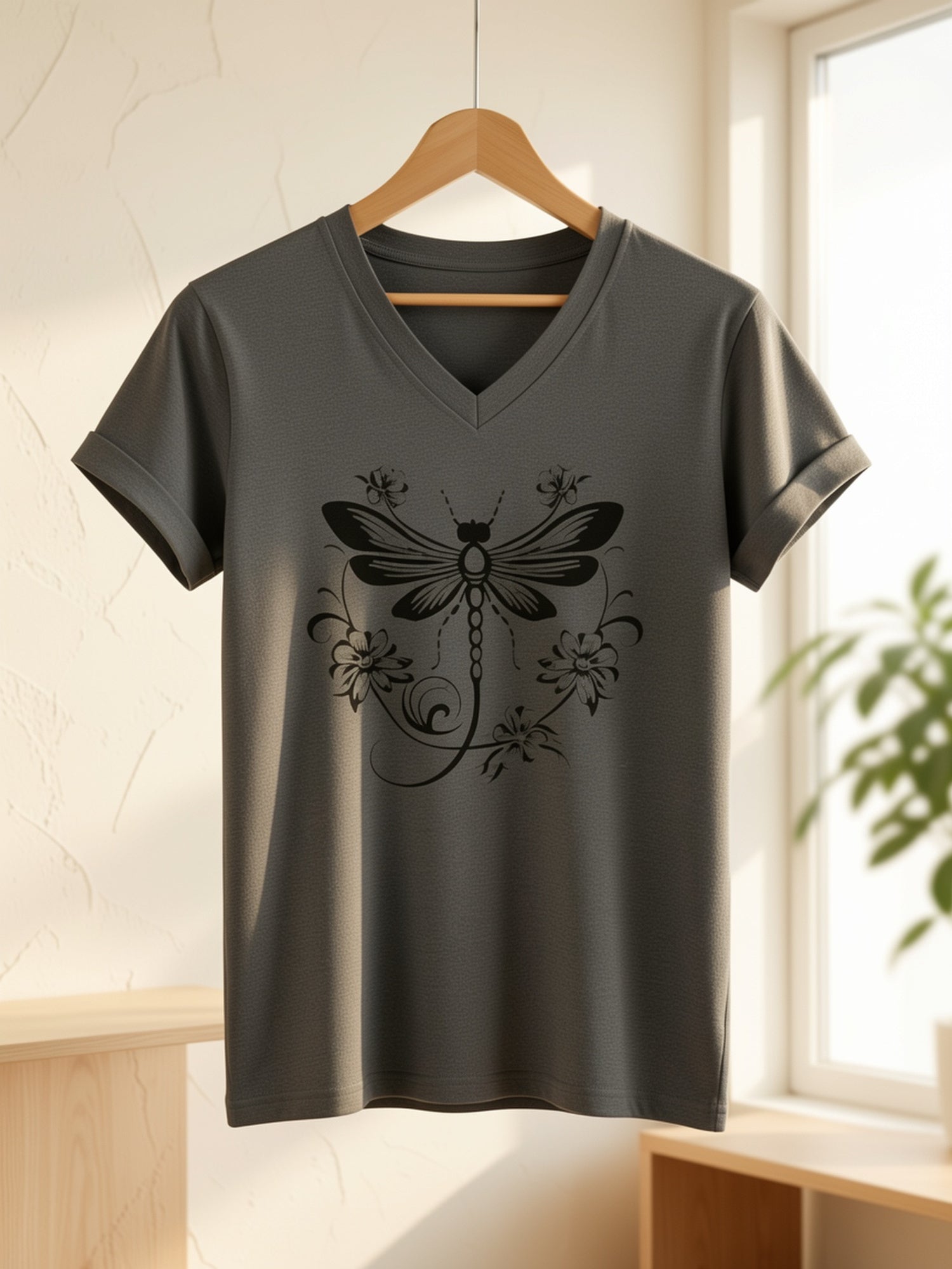 "Dragonfly" Print Pattern T-shirt, Short-sleeved V-neck Casual Top, Suitable for Summer and Spring, Women's Wear, a Great Gift for Friends and Family on Holidays
