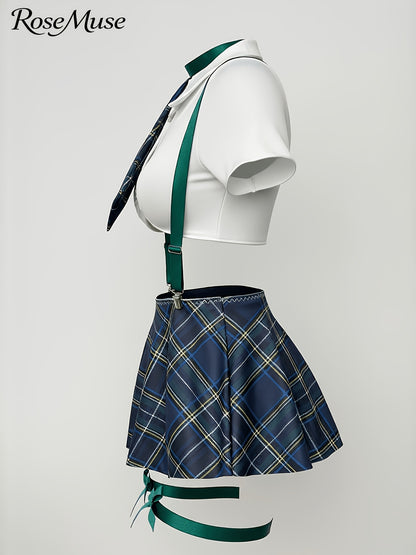 New European And American Style Plus-Size Women'S Cosplay Uniform Set: Plaid Suspender Mini Skirt, Top, Panties, Bow Tie, And Bow Leg Cuffs - 8pcs Set, Laid Skirt Sleeves Uniform Lingerie Set