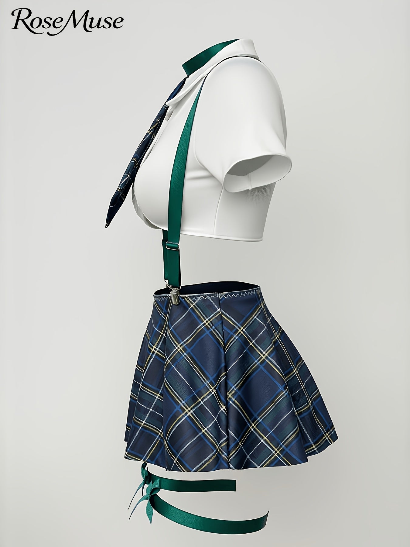 New European And American Style Plus-Size Women'S Cosplay Uniform Set: Plaid Suspender Mini Skirt, Top, Panties, Bow Tie, And Bow Leg Cuffs - 8pcs Set, Laid Skirt Sleeves Uniform Lingerie Set
