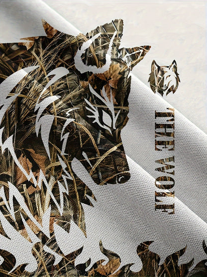 Summer Men's wolf pattern casual round neck short-sleeved T-shirt and shorts 2pcs set, suitable for outdoor activities