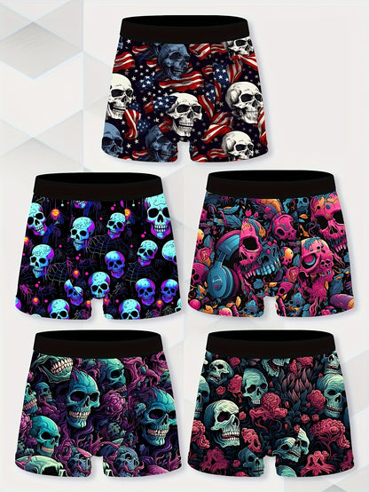 5pcs Men'S Quick-Dry Swim Shorts & Underwear Set | Colorblock Boxer Briefs with Print /Elastane Blend, Non-Transparent, Medium Stretch, Ideal for Pool, Beach, Gym, Birthday Party, Casual Wear, Knit