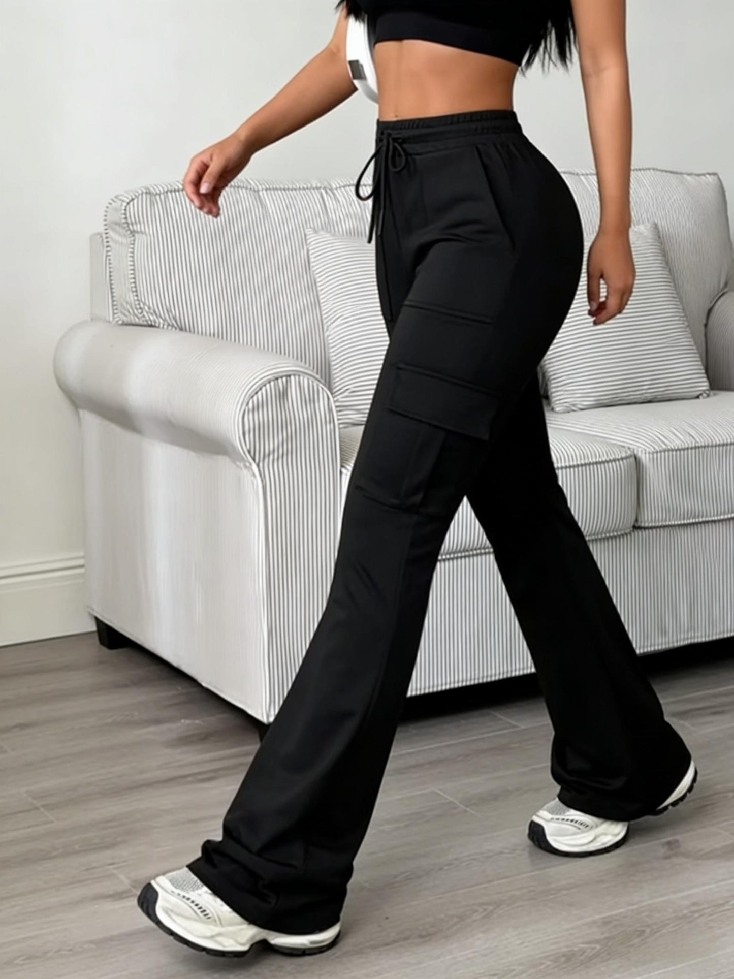 Women'S Solid Color Casual Drawstring Wide-Leg Sweatpants With Pockets, Elastic Waist Micro Flare Cargo Pants, Stretchy Pants For Daily Casual & Wear