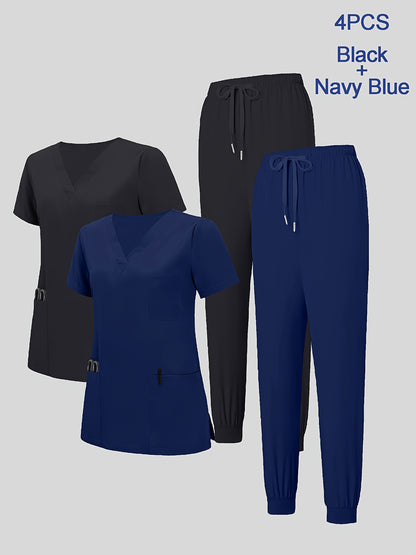 4pcs Set for Women's V-neck Matte Breathable Sports Uniform Pocket Hand Washing Work Clothes Brush Hand Clothes Tying Feet Pants Set