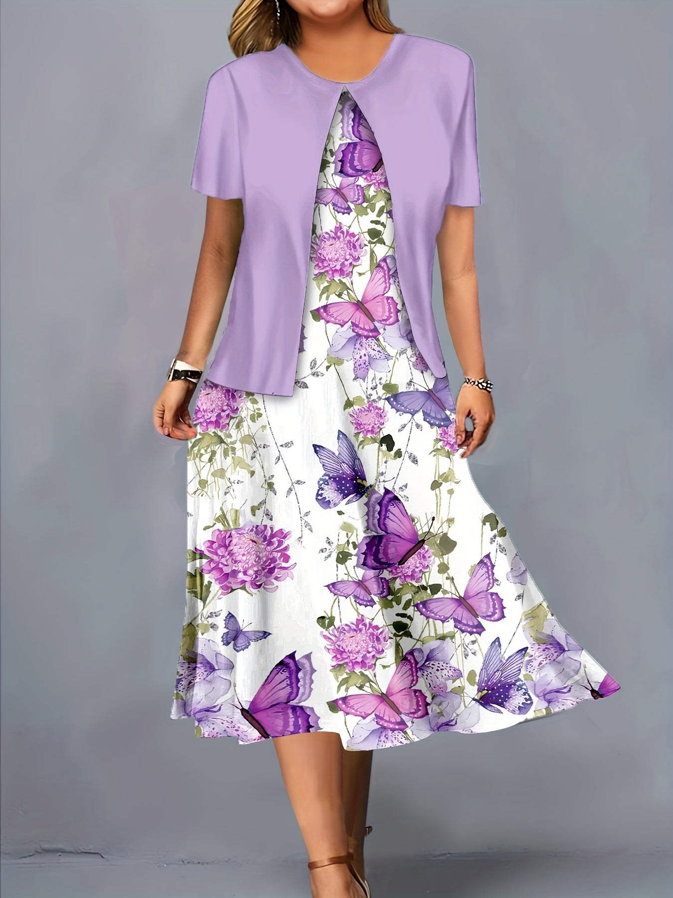 Plus Size - Plus Size - Women'S Round Neck Fake Two-Piece Elegant Dress - Fitted Short-Sleeved Midi Dress, Versatile And Suitable for All Seasons, Suitable for Work, Travel And Daily Wear, Butterfly And Flower Print, Machine Washable Soft Fabric