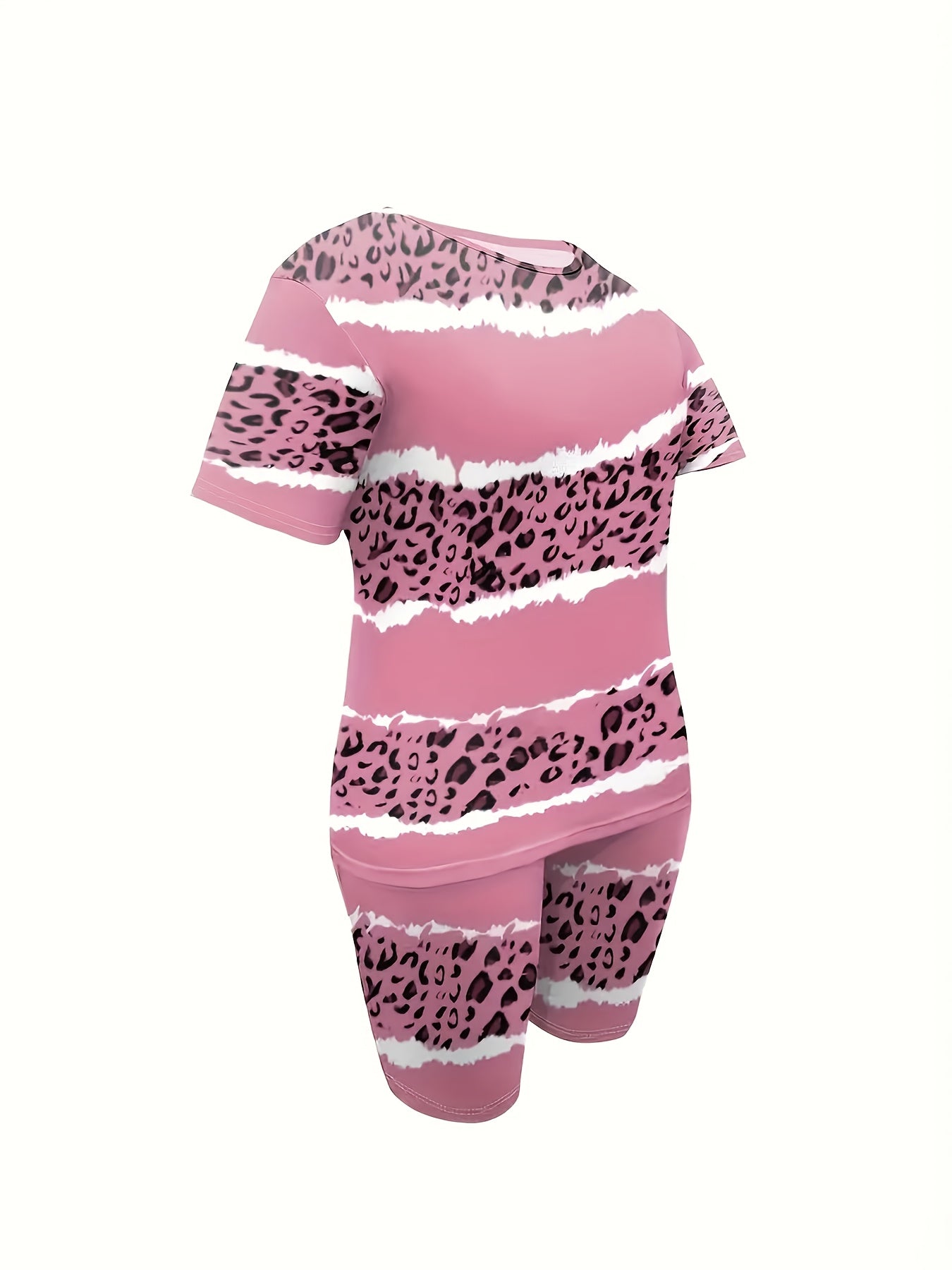 Plus Size - Ladies' Casual Leopard Short-sleeved T-shirt And Shorts Suit, With Pockets, Medium Elastic Fabric, Daily Casual Striped Suit.