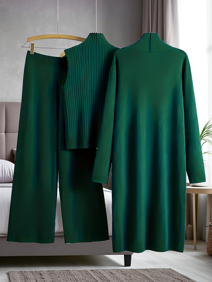 New Autumn And Winter Women'S Loose Set, Including Long Wide-Leg Pants, a Shawl Cardigan, And a High-Neck Vest Sweater, a Fashionable Three-Piece Set
