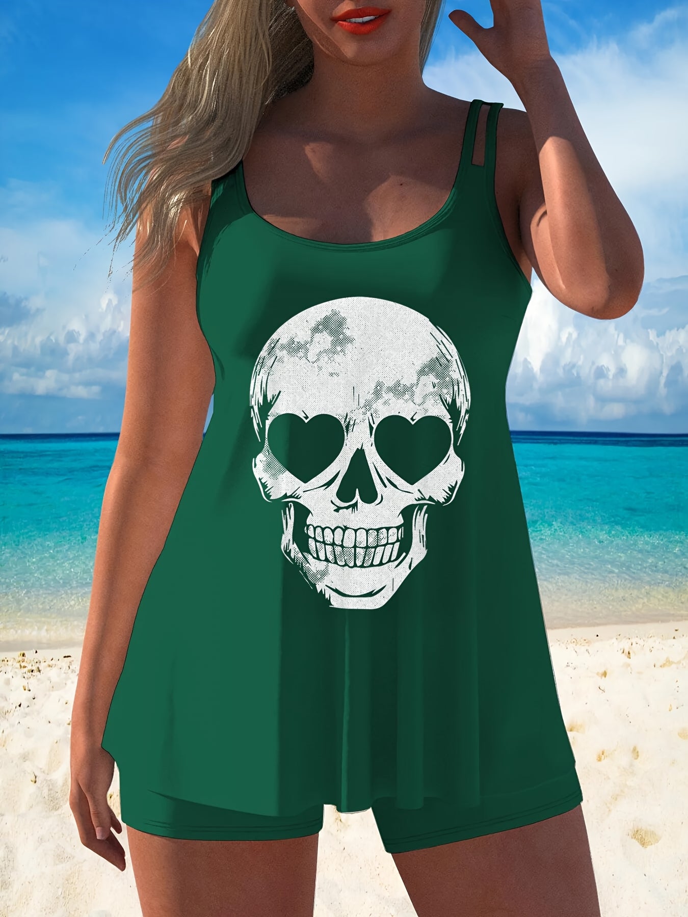 Adorable Skeleton-Themed Two-Piece Swimsuit for Women, Featuring a Stylish Black Design with a Conservative Double Shoulder Tankini Style, Perfect for a Laid-Back Halloween Look
