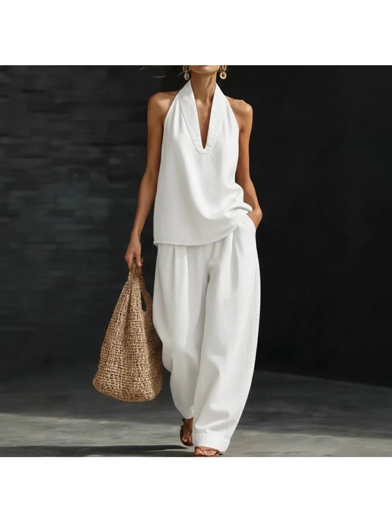 Women's Denim Halter 2pcs Set 2026, Casual Sleeveless V Neck Top & Wide Leg Pants, Loose Fit Streetwear Outfit Eight, Airy & Relaxed Fit