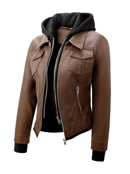 Women's Hooded PU Leather Jacket, Classic Slim-Fit Biker Style with Detachable Hood, Full-Zip PU Leather Coat with Multiple Pockets, Warm Windproof Outerwear for Spring, Fall & Winter Casual & Daily Outfits
