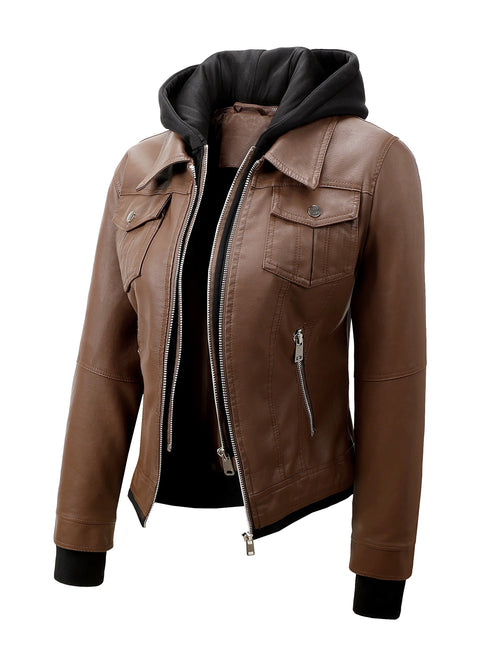 Women's Hooded PU Leather Jacket, Classic Slim-Fit Biker Style with Detachable Hood, Full-Zip PU Leather Coat with Multiple Pockets, Warm Windproof Outerwear for Spring, Fall & Winter Casual & Daily Outfits