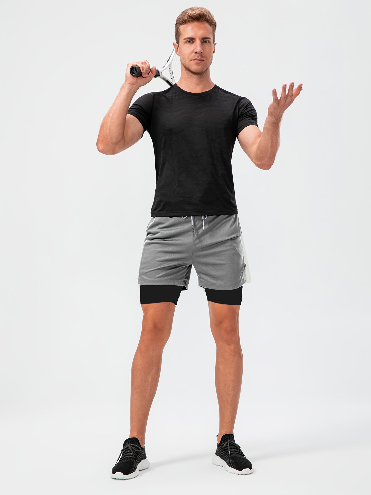 2-Piece Set Mens Running Shorts, 2-in-1 Shorts, Workout Running Shorts For Men, 7-Inch Gym Yoga Outdoor Sports Shorts