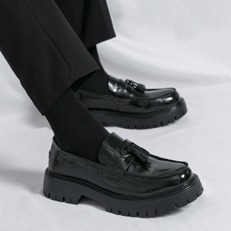 [Printed Platform Loafers] Men's Printed Platform Slip-On Penny Loafers Fashion Round Toe Tassel Decoration Non-Slip Lug Sole Business Dress Shoes for Driving Office Party