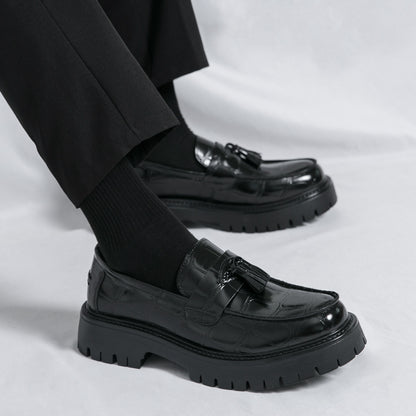 [Printed Platform Loafers] Men's Printed Platform Slip-On Penny Loafers Fashion Round Toe Tassel Decoration Non-Slip Lug Sole Business Dress Shoes for Driving Office Party